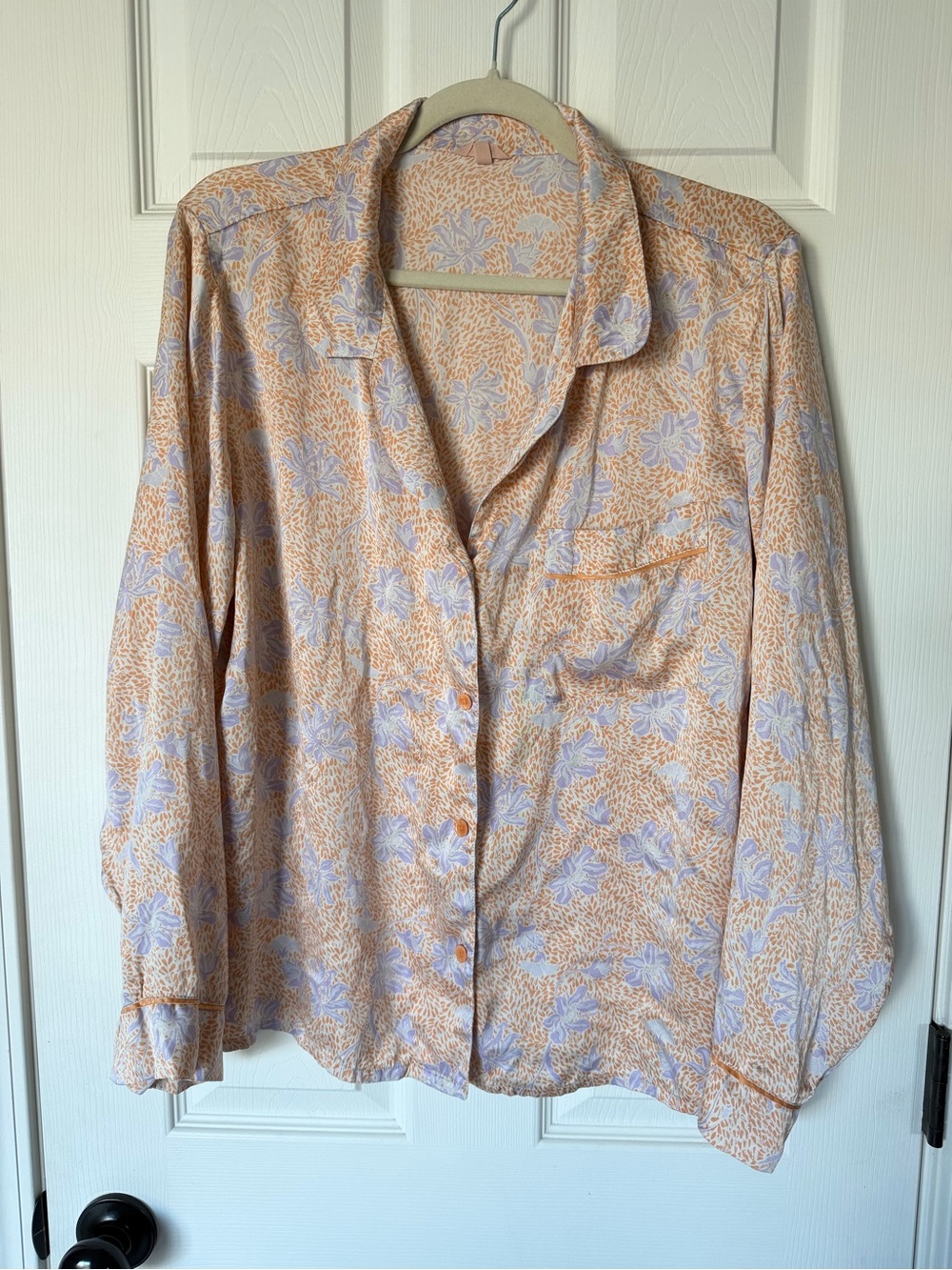 Eberjey 100% Silk Pajama Top Long Sleeve Peach and Lilac Floral - Large